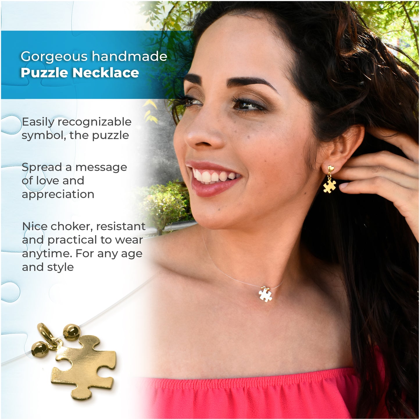 Autism Awareness Choker Nylon Puzzle Gold-Filled Charm